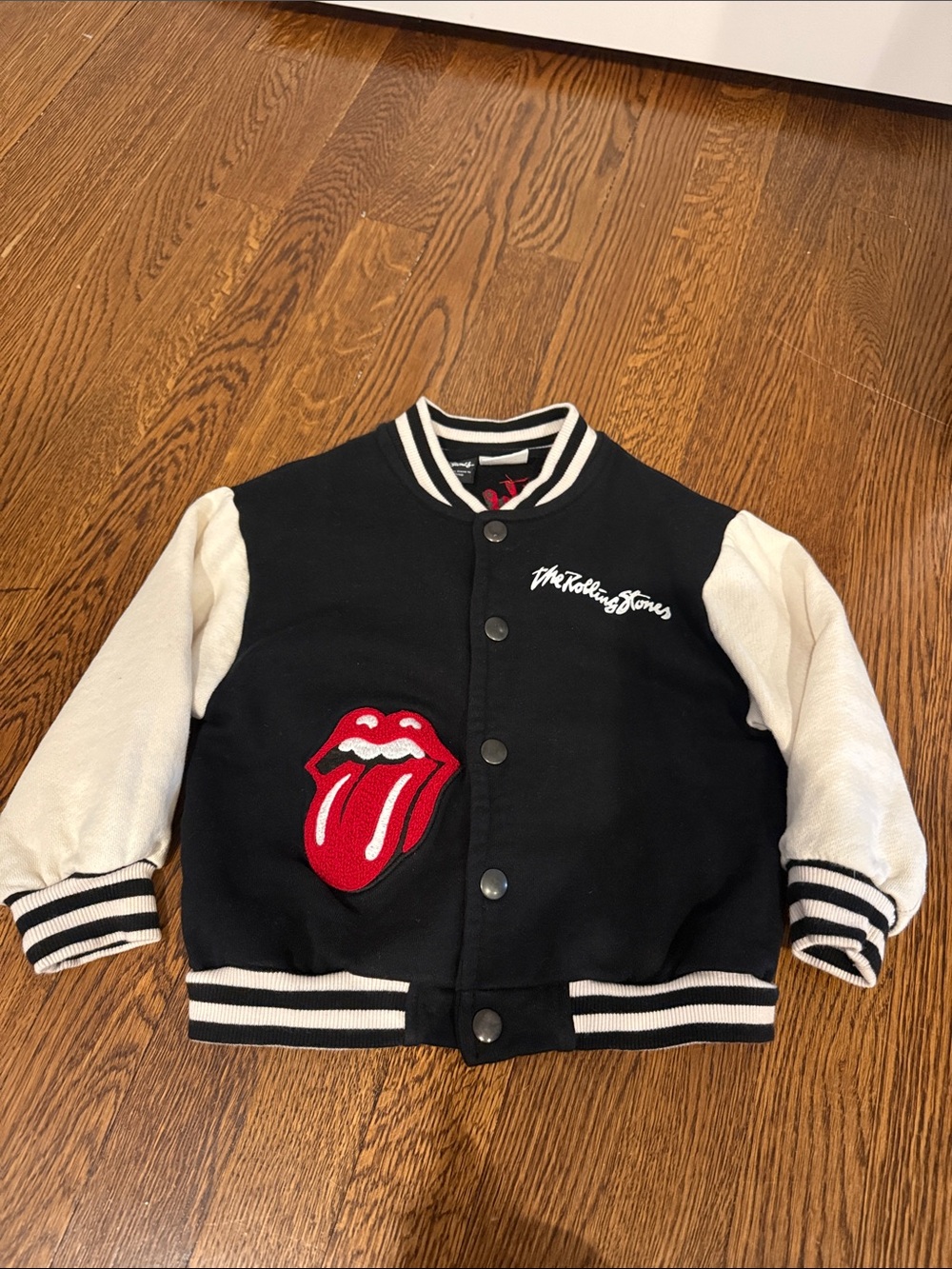 Zara Black & White Varsity Jacket with Red Tongue Patch- Rolling Stones